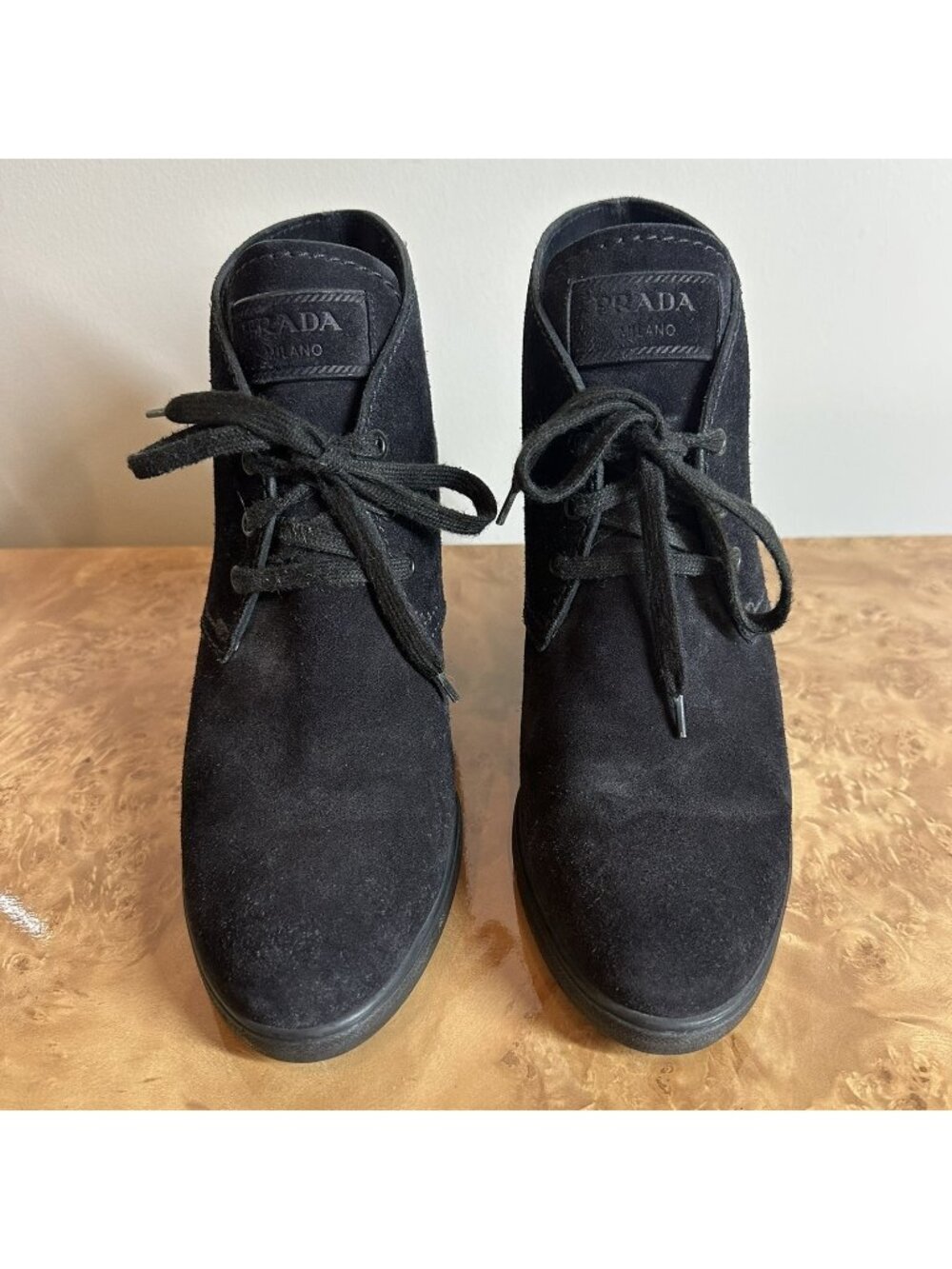 Prada Black Suede Chukka Ankle Boots Women's Size 40 Lace-Up Wedge Heel - Picture 2 of 11